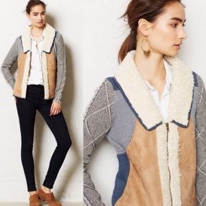 ANTHROPOLOGIE Saturday Sunday Sherpa Patchwork Blue Tan Zip Jacket sz Small